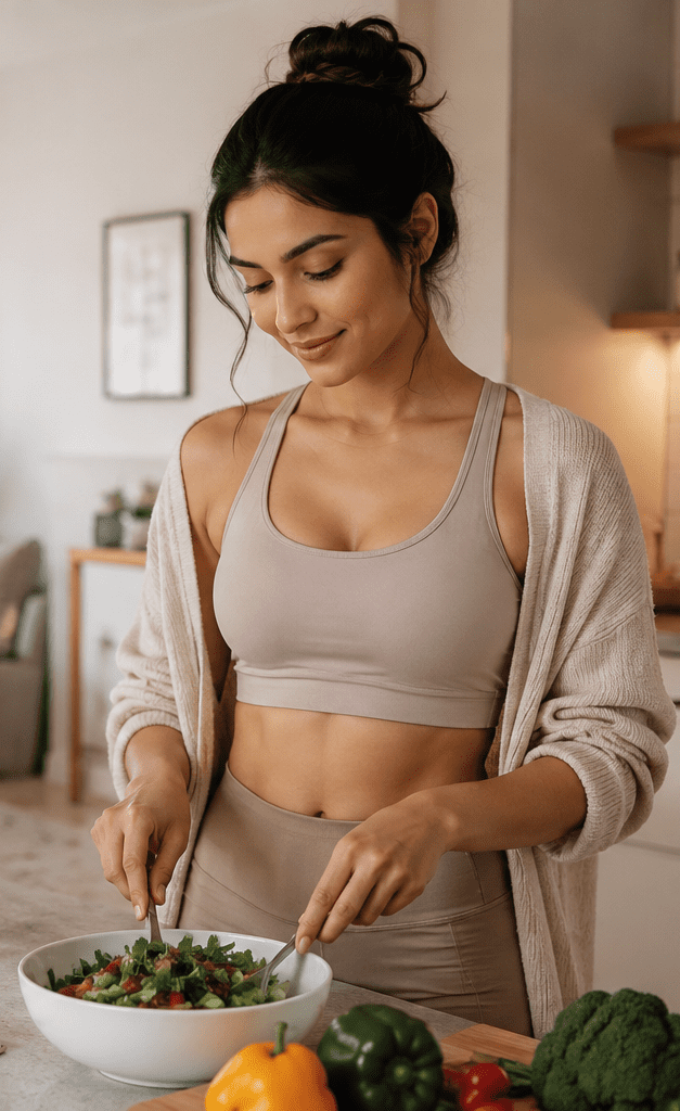“Calm and fit woman at home with a relaxed expression, representing a healthy lifestyle and balanced fitness routine”