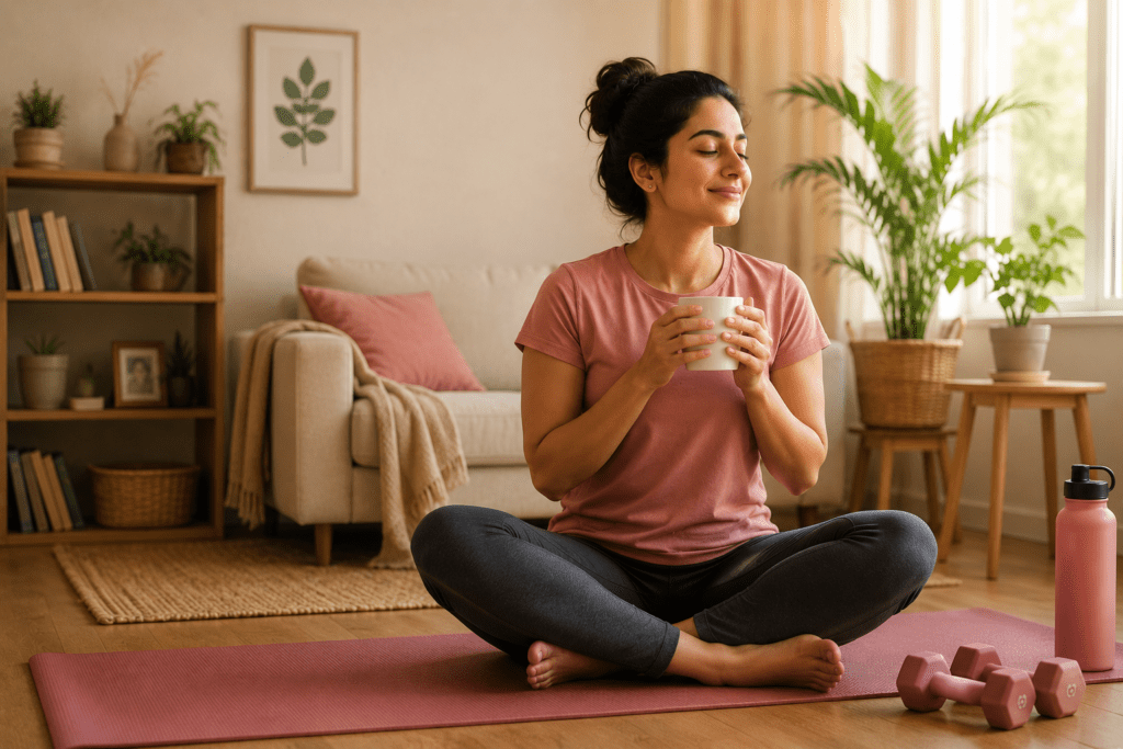 Calm and fit homemaker standing with a peaceful expression, representing balance, wellness, and strength in daily life.