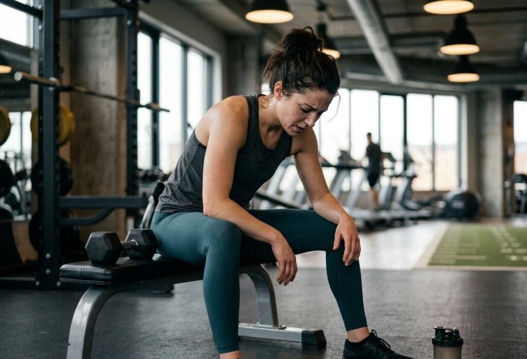 Woman feeling weak and tired during a workout
