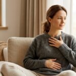 Woman sitting on a sofa with her hand on her chest, looking tired and unwell